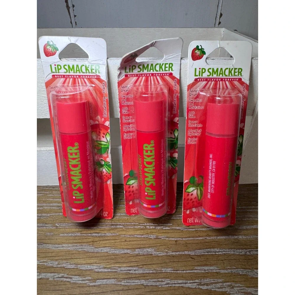 Lip Smacker Strawberry Lip Balm 3 Pack Lot New Carded 0.14 oz Each Moisturizing